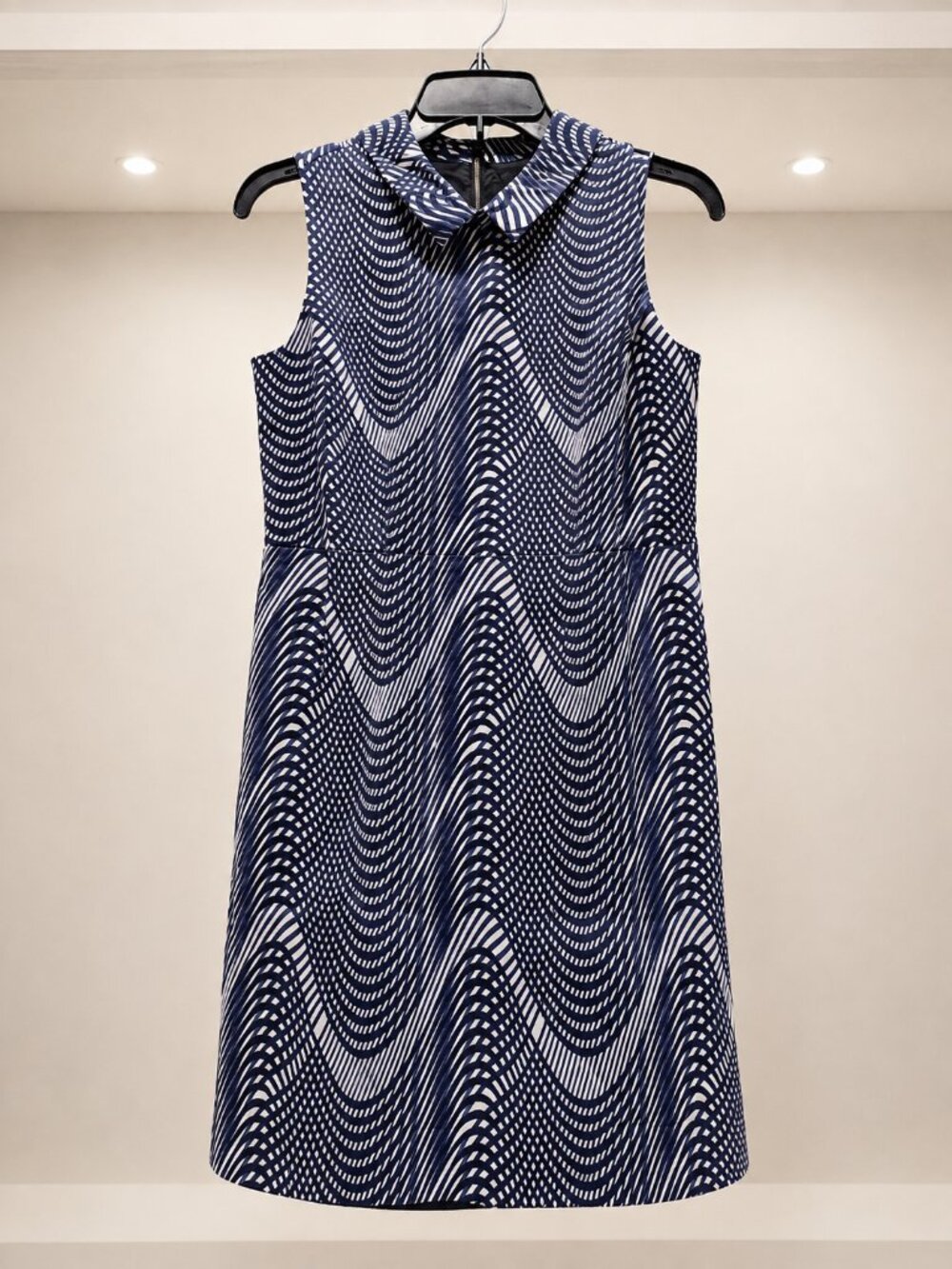 Navy White Wave Print Shirt Dress with Pockets